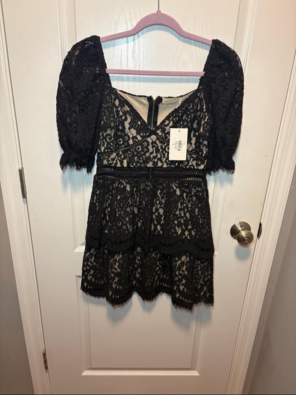 Black Lace Mini Dress with Puff Sleeves